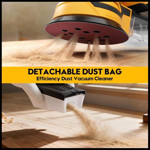 Cordless Random Orbital Sander for Dewalt 20V Battery, Brushless 5-Inch Sander with 6 Variable Speeds, 6000-12000 OPM, Dust Collection Box & 12 Sanding Discs (Battery Not Included) (Yellow) in Kuwait