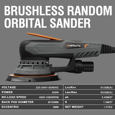 5.0mm Random Orbital Sander, 350W Brushless Motor Electric Palm Sander for Woodworking, 6 Variable Speeds to 10000RPM, Multi-function Sander with 6Inch Backing Plate, 10 Sanding Papers in Kuwait
