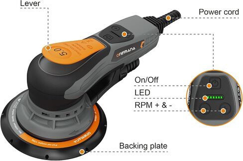 5.0mm Random Orbital Sander, 350W Brushless Motor Electric Palm Sander for Woodworking, 6 Variable Speeds to 10000RPM, Multi-function Sander with 6Inch Backing Plate, 10 Sanding Papers in Kuwait