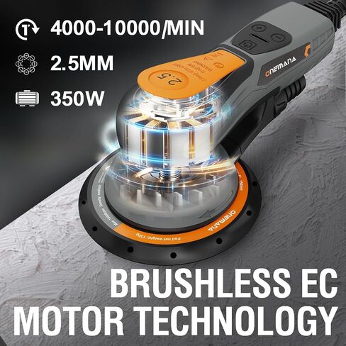 2.5mm Random Orbital Sander, 350W Brushless Motor Electric Palm Sander for Woodworking, 6 Variable Speeds to 10000RPM, Multi-function Sander with 6Inch Backing Plate, 10 Sanding Papers in Kuwait