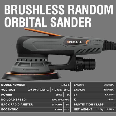 2.5mm Random Orbital Sander, 350W Brushless Motor Electric Palm Sander for Woodworking, 6 Variable Speeds to 10000RPM, Multi-function Sander with 6Inch Backing Plate, 10 Sanding Papers in Kuwait