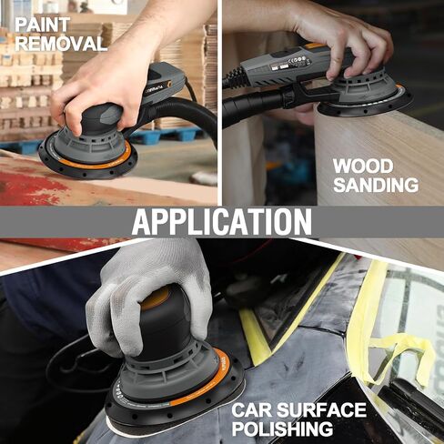 2.5mm Random Orbital Sander, 350W Brushless Motor Electric Palm Sander for Woodworking, 6 Variable Speeds to 10000RPM, Multi-function Sander with 6Inch Backing Plate, 10 Sanding Papers in Kuwait