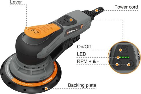 2.5mm Random Orbital Sander, 350W Brushless Motor Electric Palm Sander for Woodworking, 6 Variable Speeds to 10000RPM, Multi-function Sander with 6Inch Backing Plate, 10 Sanding Papers in Kuwait