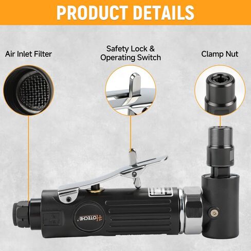 Hoteche 1/4-Inch Air Right Angle Die Grinder, 20,000 RPM High Speed Pneumatic Grinder, 90-Degree Power Grinding Tool with Rear Exhaust, Lightweight Metal Polishing & Deburring Tool, 1/4" Air Inlet in Kuwait