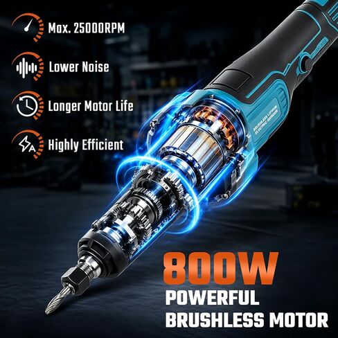 Cordless Die Grinder with Battery 2X 2000mAh 21V, Battery Grinder with 800W Brushless Motor, 4 Level Speed Up to 25000RPM, 1/4" Precision Collet for Grinding, Polishing, Cutting, Drilling in Kuwait