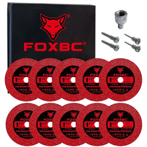 FOXBC 1-1/2 Inch Diamond Blades Cutting for Porcelain, Ceramic Tile, Stone | Multi-Material Diamond Blades with 5/8-11 Flange, 1/4" 1/8" Mandrels - 10 Pack in Kuwait