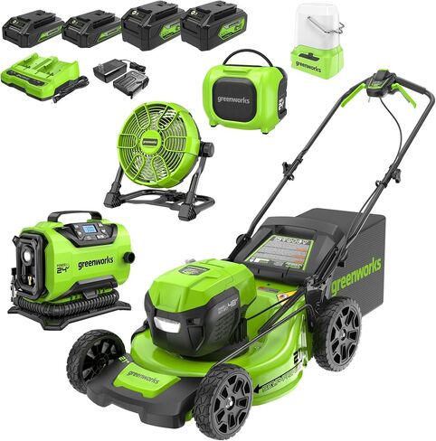 Greenworks 48V (24V x 2) High - Performance Cordless Yard Tool Combo: 21" self propelled lawn mower, 12" Trimmer & Blower, with 3 Batteries & 2 Chargers in Kuwait