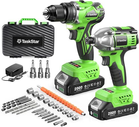 Taskstar 21V Cordless Drill & Impact Driver Combo Kit, Brushless Power Tools with 2× 2.0Ah Batteries & Fast Charger, 42-Piece Accessory Kit with Carrying Case for DIY and Home Improvement in Kuwait