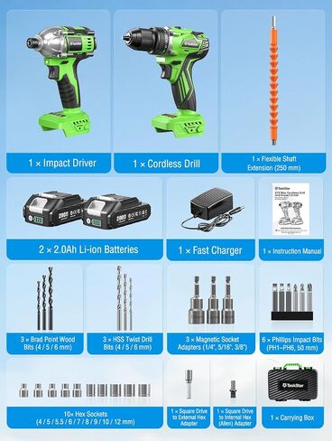 Taskstar 21V Cordless Drill & Impact Driver Combo Kit, Brushless Power Tools with 2× 2.0Ah Batteries & Fast Charger, 42-Piece Accessory Kit with Carrying Case for DIY and Home Improvement in Kuwait
