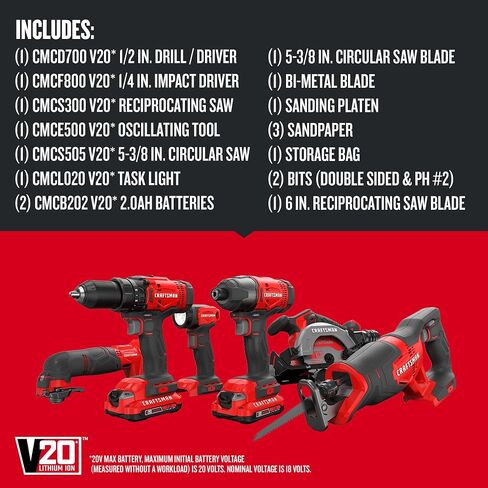 CRAFTSMAN V20 Cordless 6-Tool Combo Kit With Two 2.0 Ah Batteries and Charger (CMCK601D2) in Kuwait