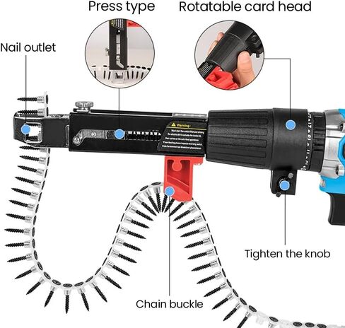 Auto Feed Drywall Screw Gun Attachment, 48MM Adjustable Depth Chain Nail Gun Adapter for Electric Drill, with 50PCS Chain Nails & Bit, Collated Quick Drive Tool for Woodworking Subfloor Partition in Kuwait