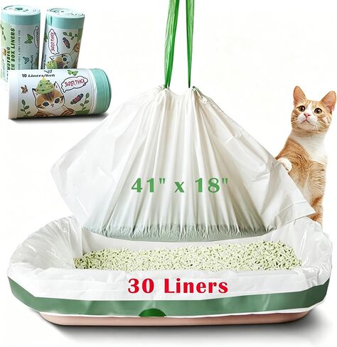 Jumbo Cat Litter Box Liners - 30 Count Extra Large Drawstring Bags, 4 Mils Thickness Pan Liner for Pet Cats and Kitties - 41" x 18" Oversized in Saudi Arabia