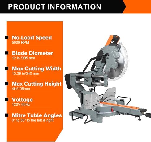 12-Inch Sliding Compound Miter Saw, 15 Amp Motor, 100-Tooth Blade, Corded Double Bevel Sliding Miter Saw, LED Precision Alignment, Angle Adjustable, for Wood, Decking, Laminates in Kuwait