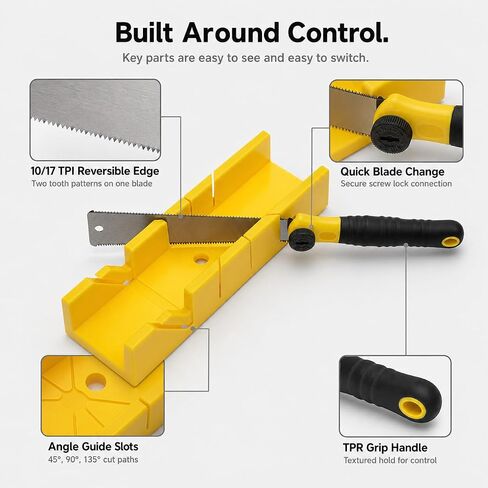 QWORK 4-Piece Miter Box and Saw Set, 12-Inch Mitre Box with 3 Interchangeable Cutters and Japanese Pull Saw for Precise 45, 90 & 135 Degree Cuts on Baseboards, Molding, Trim and DIY Woodworking in Kuwait