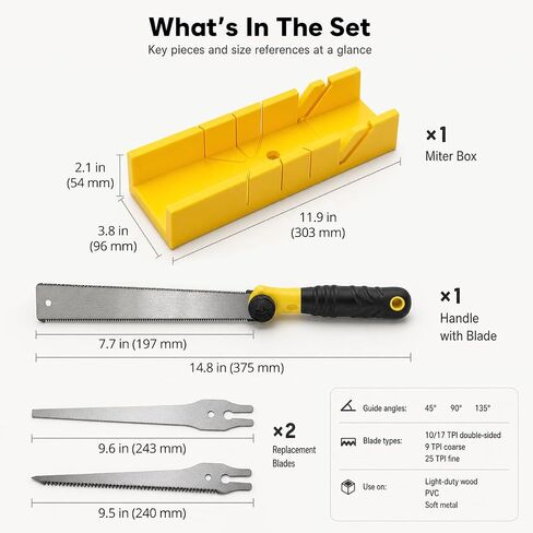 QWORK 4-Piece Miter Box and Saw Set, 12-Inch Mitre Box with 3 Interchangeable Cutters and Japanese Pull Saw for Precise 45, 90 & 135 Degree Cuts on Baseboards, Molding, Trim and DIY Woodworking in Kuwait