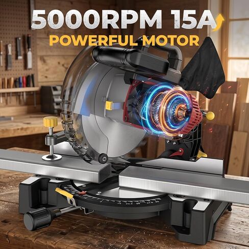 10-inch Compound Miter Saw with Extension Table, 5000RPM, 15 Amp, 36T Blade, Single Bevel 0-45°, Power Saw for Metal, Plastic, Wood and Other Materials in Kuwait