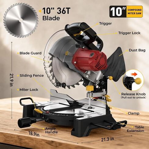10-inch Compound Miter Saw with Extension Table, 5000RPM, 15 Amp, 36T Blade, Single Bevel 0-45°, Power Saw for Metal, Plastic, Wood and Other Materials in Kuwait