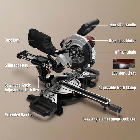 Cordless Miter Saw with Battery, 8 Inch 40-Tooth Blade, 18.5V Lithium-Ion 4000mAh, Dual Clamps, LED Light, Sliding Rail in Kuwait