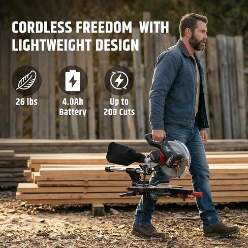 Cordless Miter Saw with Battery, 8 Inch 40-Tooth Blade, 18.5V Lithium-Ion 4000mAh, Dual Clamps, LED Light, Sliding Rail in Kuwait