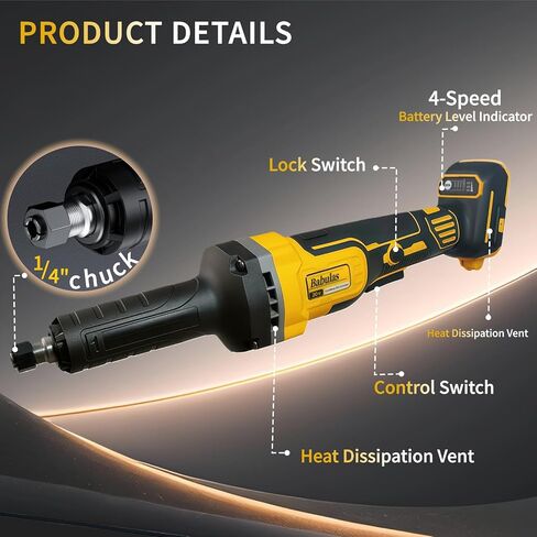 Professional Cordless Brushless Die Grinder for Dewalt 20V, 26000 RPM, 4-Speed Control Ideal for Grinding, Polishing & Deburring, with 1/4″ Collet & 2 Grinding Heads (Tool Only, No Battery) in Kuwait