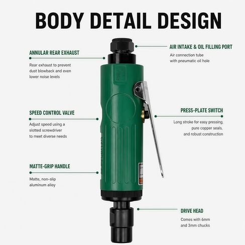 Air Die Grinder 25000 RPM, Pneumatic Straight Inline Grinder 1/4", Safety Lock, 1/8" & 1/4" Collets,10PCS Grinding Stones, Portable Metal Tool Kit & Case for Grinding, Polishing, Deburring in Kuwait
