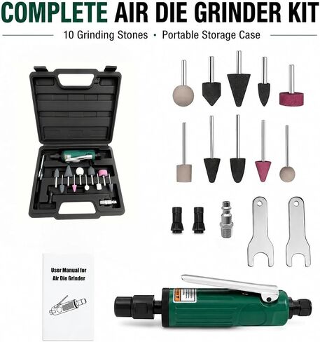 Air Die Grinder 25000 RPM, Pneumatic Straight Inline Grinder 1/4", Safety Lock, 1/8" & 1/4" Collets,10PCS Grinding Stones, Portable Metal Tool Kit & Case for Grinding, Polishing, Deburring in Kuwait