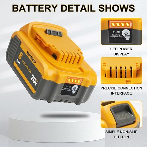 TENMOER 2-Pack 8.0Ah 20V Battery Compatible with DeWalt 20V MAX Battery Replace for DCB201 DCB203 DCB204 DCB206 DCB208(Not an OEM) in Kuwait