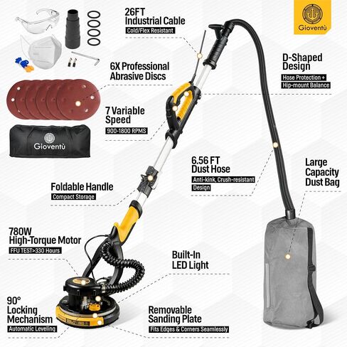 Dustless Drywall Sander with Auto Vacuum Dust Collector, 780W Foldable Electric Wall Sander, 26FT Power Cord, 7 Variable Speed 900-1800RPM, LED Light for Popcorn Ceiling, Interior Walls, Plaster in Kuwait