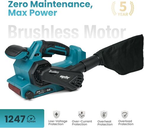 Brushless Cordless Belt Sander Compatible with Makita 18V Battery(Tool Only), w/ 10-Pack 3x18in Sanding Belts, Variable Speed, 1247 FPM, Lock-on Button, Dust Bag & Vacuum Adapter for Woodworking in Kuwait