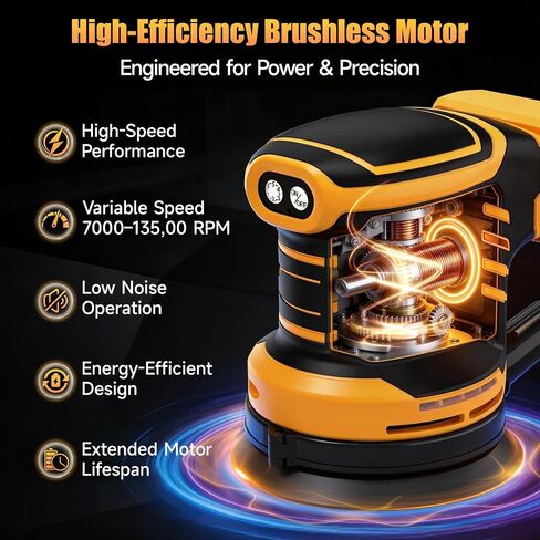 Cordless 5-Inch Random Orbital Sander Compatible with DeWalt 20V Battery (Tool Only), Brushless Electric Sander with Dust Collection, 6 Variable Speeds (7,000–13,500 RPM) for Woodworking & Furniture in Kuwait