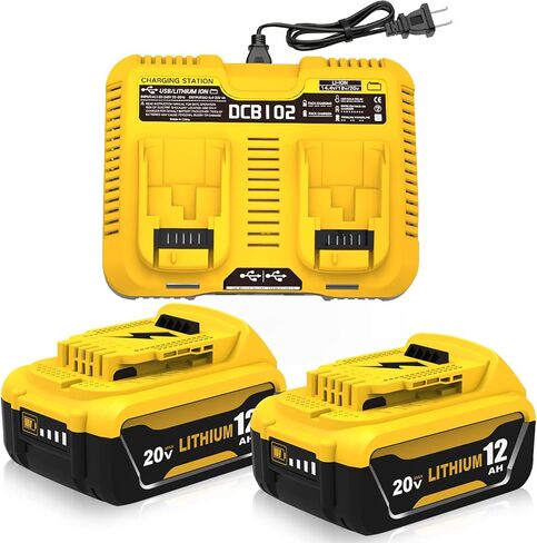 2 Packs 12Ah Replacement for Dewalt 20V Battery DCB208 and DCB102 Charger | Compatible with Dewalt 20V Max Batteries DCB206 DCB204 DCB203 DCB202 DCB201 in Kuwait