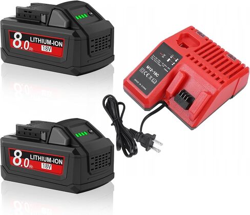 2Pack 8.0Ah Replacement for Milwaukee M18 Battery Charger 18 Volt Battery with Charger Compatible with 18V 48-11-1810 48-11-1815 48-11-1820 48-11-1850 48-11-1828 48-11-1860 Cordless Power Tools in Kuwait