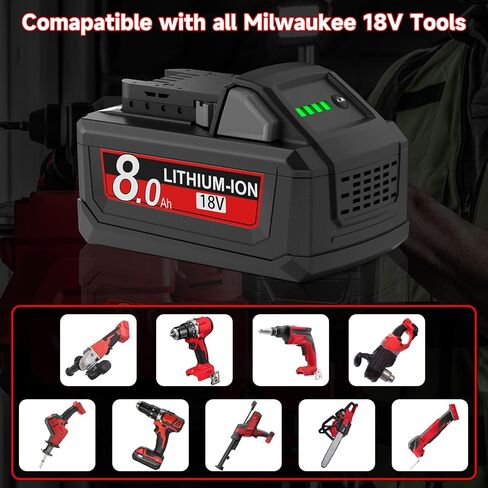 2Pack 8.0Ah Replacement for Milwaukee M18 Battery Charger 18 Volt Battery with Charger Compatible with 18V 48-11-1810 48-11-1815 48-11-1820 48-11-1850 48-11-1828 48-11-1860 Cordless Power Tools in Kuwait