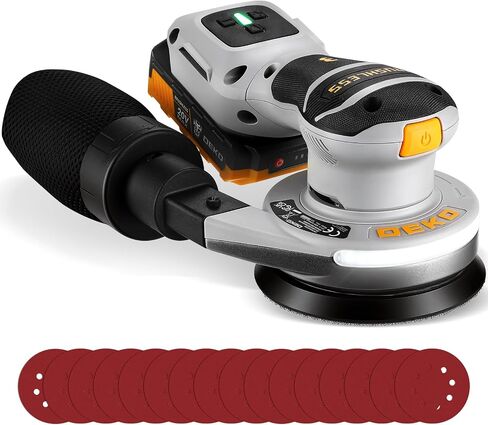 Cordless Orbital Sander: DEKOPRO 20V 5Inch Brushless Orbital Sander, 6000-12000RPM Electric Plam Sander Tool with Battery, Charger, Sanding Discs,Dust Box & Dust Pipe for Woodworking in Kuwait