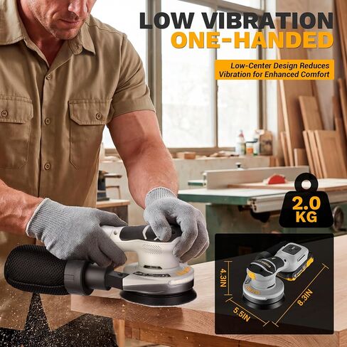 Cordless Orbital Sander: DEKOPRO 20V 5Inch Brushless Orbital Sander, 6000-12000RPM Electric Plam Sander Tool with Battery, Charger, Sanding Discs,Dust Box & Dust Pipe for Woodworking in Kuwait