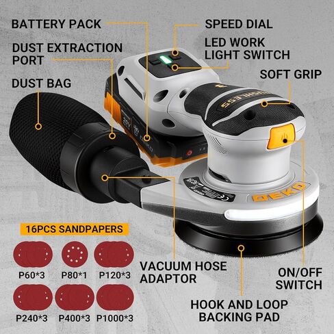 Cordless Orbital Sander: DEKOPRO 20V 5Inch Brushless Orbital Sander, 6000-12000RPM Electric Plam Sander Tool with Battery, Charger, Sanding Discs,Dust Box & Dust Pipe for Woodworking in Kuwait