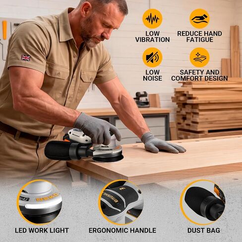 Cordless Orbital Sander: DEKOPRO 20V 5Inch Brushless Orbital Sander, 6000-12000RPM Electric Plam Sander Tool with Battery, Charger, Sanding Discs,Dust Box & Dust Pipe for Woodworking in Kuwait