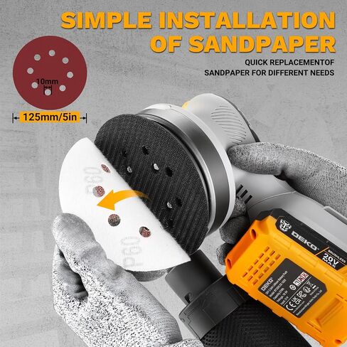 Cordless Orbital Sander: DEKOPRO 20V 5Inch Brushless Orbital Sander, 6000-12000RPM Electric Plam Sander Tool with Battery, Charger, Sanding Discs,Dust Box & Dust Pipe for Woodworking in Kuwait