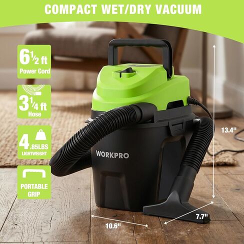 WORKPRO 1.5 Gallon Wet Dry Vacuum Cleaner, 2.5 Peak HP Portable Shop Vacuum with Powerful Suction, Lightweight Wet/Dry Vac for Car, Garage & Home Cleaning, Wall-Mount Storage in Kuwait