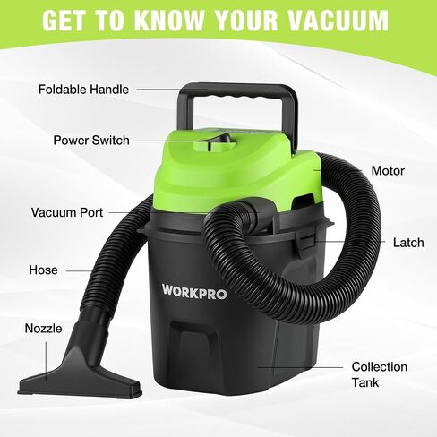WORKPRO 1.5 Gallon Wet Dry Vacuum Cleaner, 2.5 Peak HP Portable Shop Vacuum with Powerful Suction, Lightweight Wet/Dry Vac for Car, Garage & Home Cleaning, Wall-Mount Storage in Kuwait