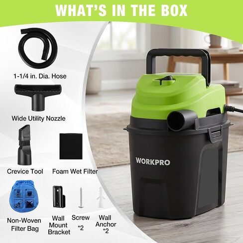 WORKPRO 1.5 Gallon Wet Dry Vacuum Cleaner, 2.5 Peak HP Portable Shop Vacuum with Powerful Suction, Lightweight Wet/Dry Vac for Car, Garage & Home Cleaning, Wall-Mount Storage in Kuwait