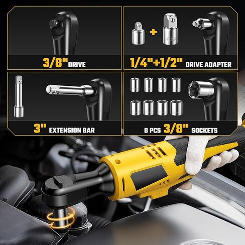 3/8" Cordless Ratchet Wrench for De-WALT 20V Max Battery - 49Ft-Lbs Brushless Motor Electric Ratchet Set with 0-250RPM Variable Speed, 8 Sockets, 3/8" and 1/4" Adapters,3" Extension Bar (Tool Only) in Kuwait