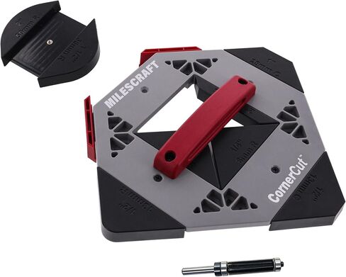 Milescraft 1232 Corner Cut - Woodworking Corner Radius and Chamfer Router Jig – Use with Handheld Router or Router Table – 8 Profiles with Built-In Storage. Double Bearing ½" Router Bit Included. in Kuwait