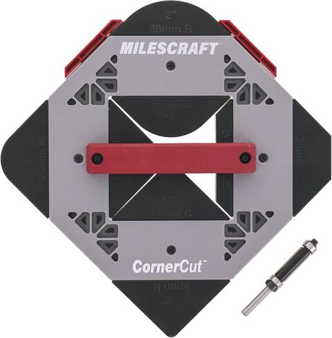 Milescraft 1232 Corner Cut - Woodworking Corner Radius and Chamfer Router Jig – Use with Handheld Router or Router Table – 8 Profiles with Built-In Storage. Double Bearing ½" Router Bit Included. in Kuwait