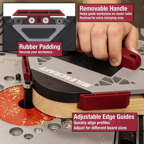 Milescraft 1232 Corner Cut - Woodworking Corner Radius and Chamfer Router Jig – Use with Handheld Router or Router Table – 8 Profiles with Built-In Storage. Double Bearing ½" Router Bit Included. in Kuwait