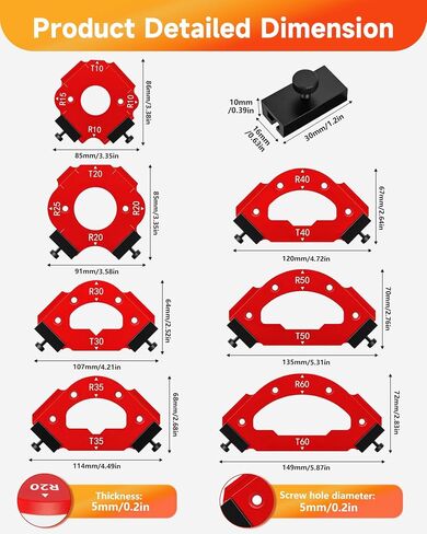 TANYO 7pcs Router Corner Radius Template, 3 in 1 Radius Jig, T10-60 R10-60 | 18 Sizes of Radius, CNC Machined & Anodized, Adjustable Stops, for Woodworking, Fits Trim, Handheld, Table Routers in Kuwait