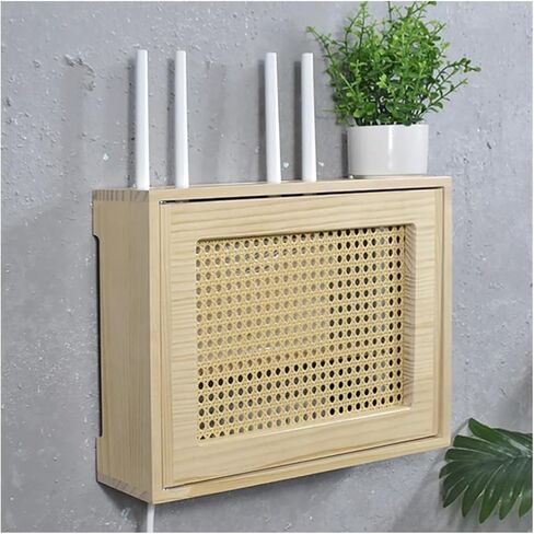 WiFi Router Storage Box, Rattan Pine Wood Wall Mounted Brown/White Multiple Sizes(Brown,L42*32cm/16.5 * 12.5in) in Kuwait