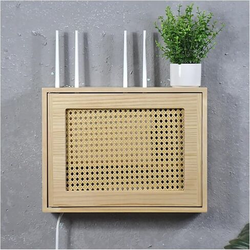 WiFi Router Storage Box, Rattan Pine Wood Wall Mounted Brown/White Multiple Sizes(Brown,L42*49.5cm/16.5 * 19.4in) in Kuwait