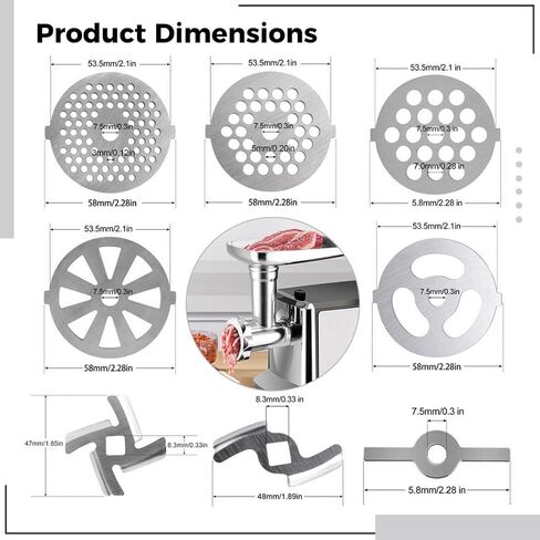 8Pcs Meat Grinder Blades Set, Household Meat Grinder Plate Discs and Grinding Blades, Cast Iron Accessories for 55mm/2.28in Meat Grinder Attachment, Replacement Parts for Home Use in Kuwait