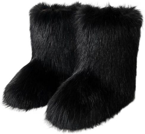 Faux Fur Boots for Women Fluffy Boots Round Toe Mid-Calf Winter Snow Boots Comfortable Outdoor Flat Shoes in Kuwait